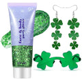 St Patricks Day 3-Piece Set - Green Glitter, Shamrock Earrings & Sunglasses