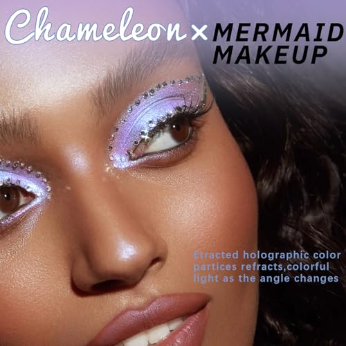 Noerrors Blue Purple Holographic Duochrome Glitter Eyeshadow, Multichrome Rich Color Shimmer Metallic Eyeshadow for Blue Green Eyes, Iridescent Mermaid Eye Brightener Makeup Palette Rave Accessories