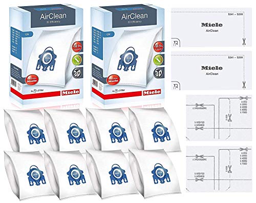 Miele GN AirClean 3D Efficiency Vacuum Cleaner Bags - 2 Boxes - Includes 8 Genuine Airclean GN Bags + 2 Genuine Super Air Clean Filter + 2 Genuine Pre-Motor Protection Filters