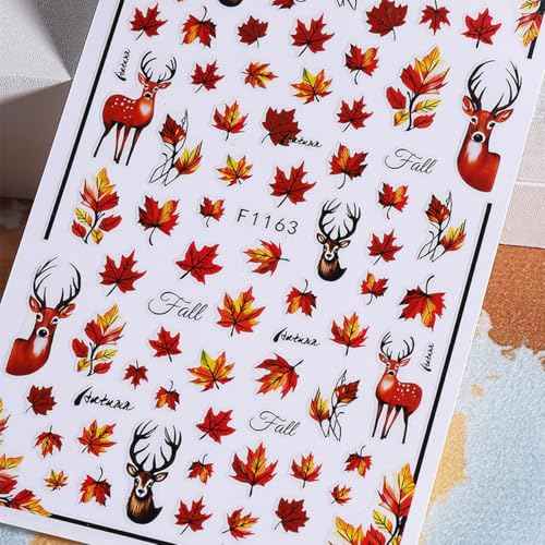 Fall Nail Art Stickers Autumn Maple Leaf Nail Decals 6PCS Autumn Leaves Deer Design 3D Self-Adhesive Nail Art Decorations Supplies Fall Stickers for Nails Women Thanksgiving Day DIY Manicure Decor