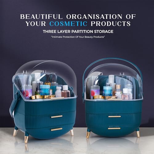 Makeup Cosmetic Organizer Box with Drawer Storage - Plastic Oval Storage Organizer with Turn Lock, Large Capacity for Women¡¯s Skincare and Beauty Products (Green)