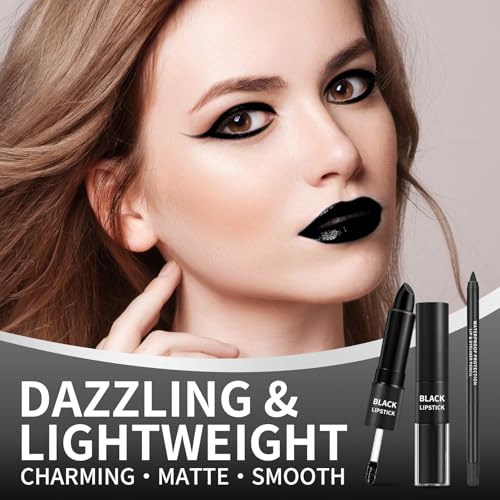 AWCCXMYM 2Pcs Black Lipstick Matte Lip Gloss Non-Sticky Lip Stain Black Liquid Lipstick Long Lasting Waterproof Lip Liner Set Christmas Festival Party Cosplay Halloween Makeup