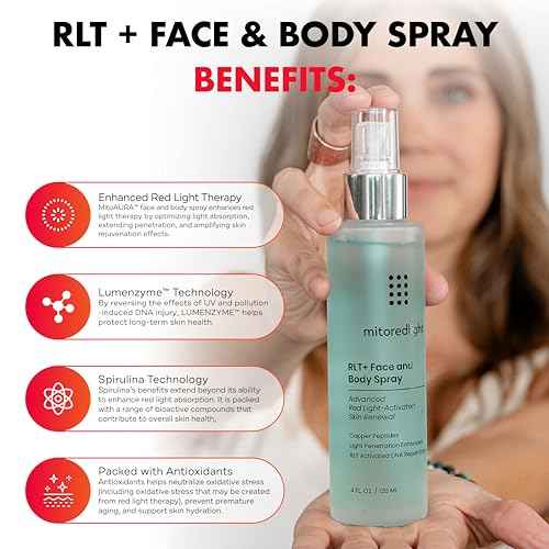 Mito Red Light - MitoAURA¢â: Red Light Therapy-Enhancing Face & Body Spray- Light-Activated Glow Spray with Copper Peptides & Blue Spirulina - Boost Radiance, Firmness & Skin Recovery - 4 FL OZ