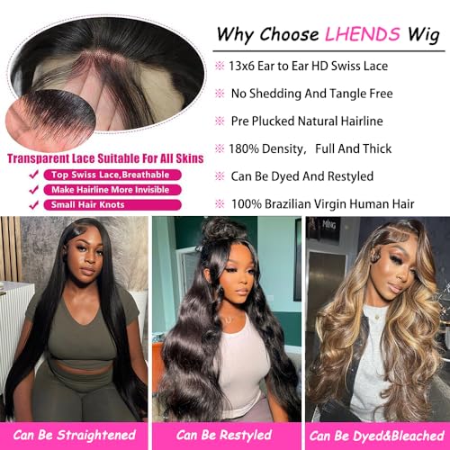 LHENDS 28 Inch 13x6 Body Wave Lace Front Wigs Human Hair Pre Plucked Glueless Wigs Human Hair 180% Density Body Wave 13x6 HD Transparent Frontal Wigs Human Hair Lace Front Wigs for Women