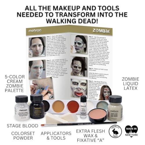 Mehron Makeup Premium Character Kits| Makeup Kits for Halloween & Cosplay| Made in the USA | Complete Makeup Kit | Includes all Makeup, Tools, & Instructions on How to Create the Look | (Zombie)