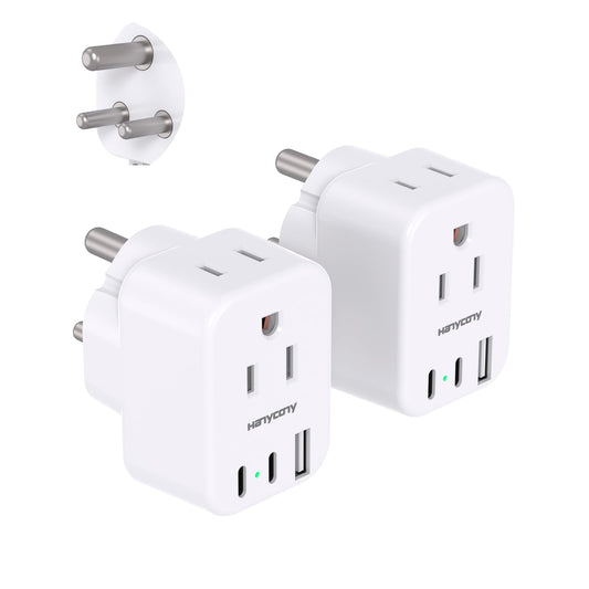 US to India Plug Adapter, Type D Plug Adapter with 2 Outlets 3 USB Ports(2 USB C), India Power Travel Adapter for USA to India, Bangladesh, Maldives, Pakistan, 2 Pack