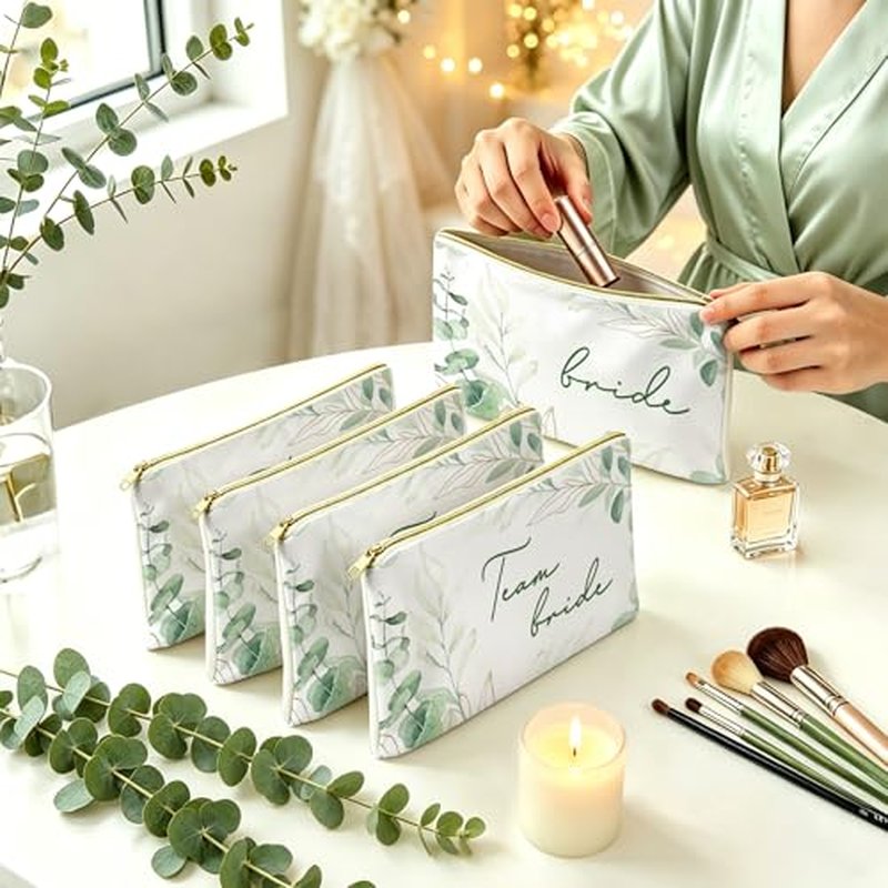 7 Pcs Team Bride Makeup Bags - Sage Green Canvas with Golden Zippers