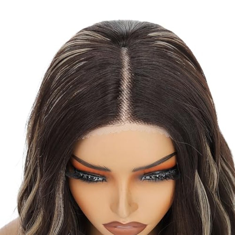14 Inch Short Wavy Wig Brown Blonde Highlight Lace