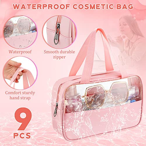 Buryeah 9 Pcs Translucent Make up Bag Toiletry Organizer for Women Men Waterproof Portable Cosmetic Travel Bag with Hanging Handles Travel Storage Carry Pouch Gifts for Bridesmaid (Pink)