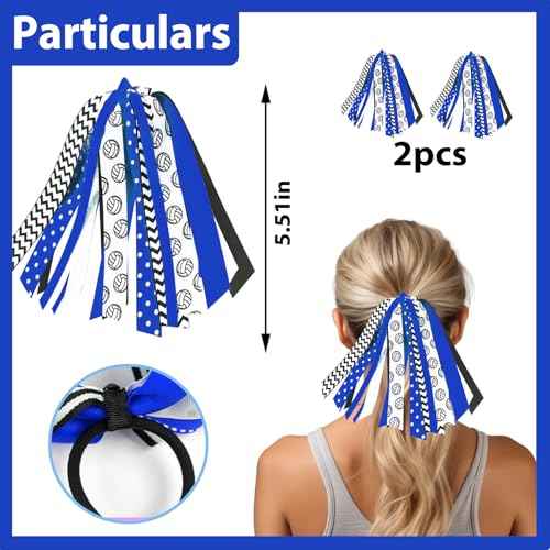 2PCS Volleyball Ponytail Holders for Women Blue Black Glitter Hair Ribbons Streamer Volleyball Elastic Hair Ties Band Scrunchies Game Day Party Decor Back School Gift for Cheerleader Fans