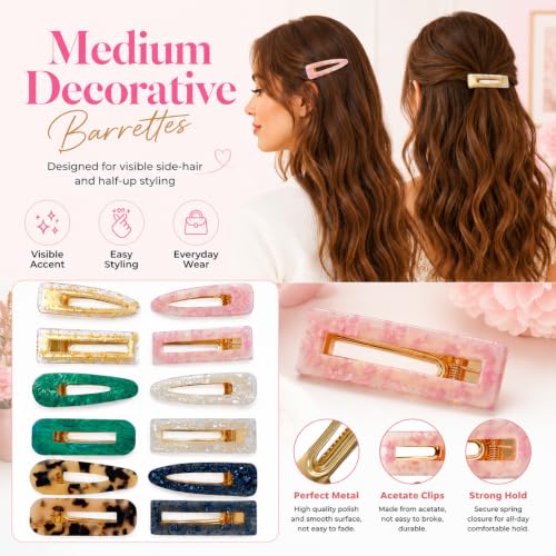 12-Piece Marble Hair Clip Set - Medium Acrylic Barrettes for Women