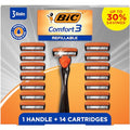 BIC Comfort 3 Refillable Disposable Razors for Men, 1 Handle and 14 Cartridges With 3 Blades, 15 Piece Razor Kit for Men