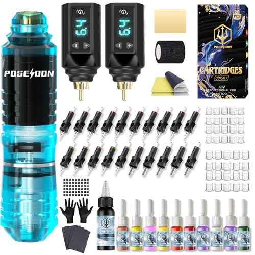 Tattoo Gun Kit POSEIDON Tattoo Kit Pen Kit with 2pcs 1500mAh Batteries Tattoo Machine Kit with 20pcs Tattoo Cartridge Needles 11pcs Tattoo Inks for Beginner