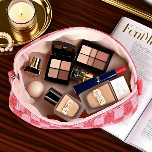 24 PACK Checkered Makeup Bags Bulk-Easter Gifts/Bulk Cosmetic Bags/Large Bridesmaid Gifts/Makeup Pouch for Wedding Party Favors Birthday/Teacher/Mothers Day Gifts/Toiletry Travel Bags(Pink)