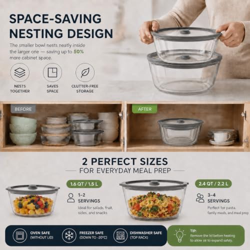 Glass Food Storage Containers 2-Pack, 52oz & 90oz, Airtight Meal Prep