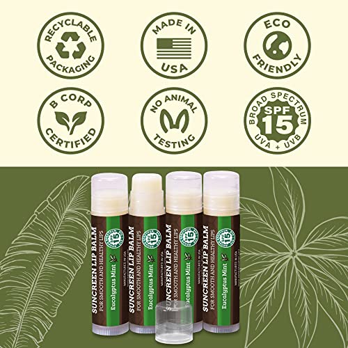 SPF Lip Balm 4-Pack by Earth's Daughter - Lip Sunscreen, SPF 15, Organic Ingredients, Eucalyptus Mint Flavor, Beeswax, Coconut Oil, Vitamin E - Hypoallergenic, Paraben Free, Gluten Free