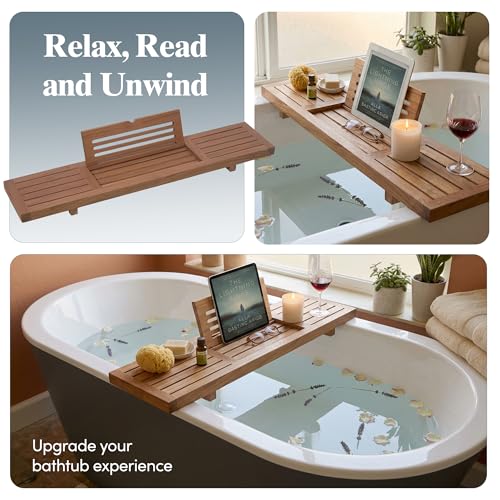 AquaTeak 30" Teak Bathtub Caddy with Book & Tablet Stand