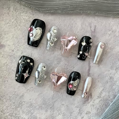 NLSJMP Handmade Reusable False nails,Long Balerina Press on Nails,3D Heart Acrylic Fake Nails Kit,Rhinestone Glitter Design Nail Art Kit,Include Toolkit,10Pcs,Bling,Size Large