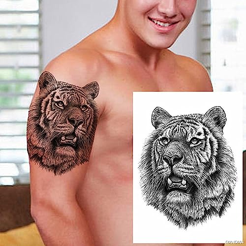 2 Sheets Realistic Animal Temporary Tattoos Stickers Sketch Lifelike Tiger Roar Designs For Men Waterproof Arm Leg Fake Body Art, Gym & Parties Bold Masculine Decals