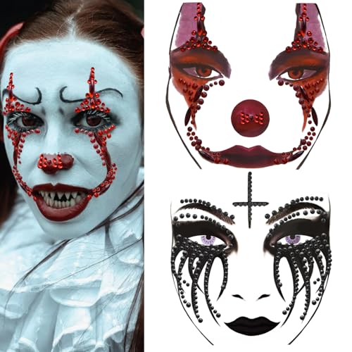 Clown & Skull Face Gems Makeup Stickers - Halloween Rhinestone Tattoos