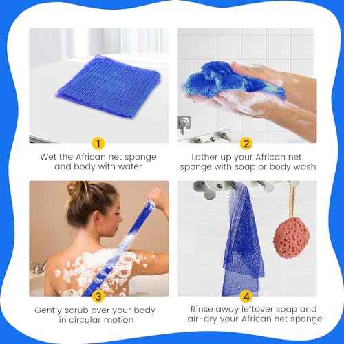 African Net Sponge, Authentic Exfoliating Body Scrubber for Bath and Shower, Multiple Textures with Gentle Deep Exfoliating and Rich Lather for All Skins (Blue)