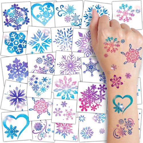 Glitter Snowflake Temporary Tattoos for Kids - 74 Individually Sheets Snowflake Tattoos for Kids Winter Christmas Party Supplies