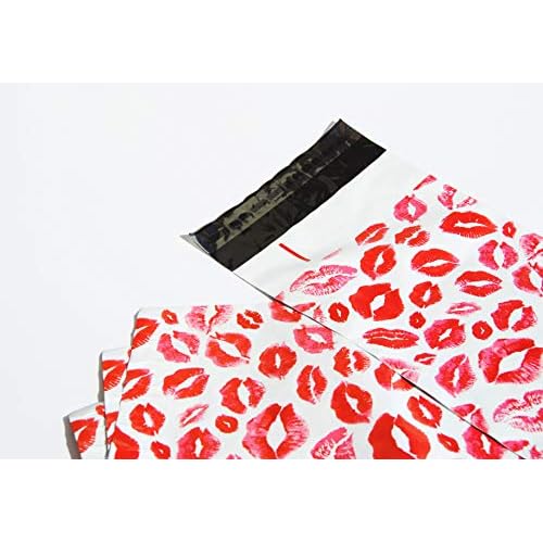 Lips Poly Mailers Red Kiss for Make Up Lip Gloss LipStick Self Sealing Envelope Wide Lip Print Waterproof Shipping | Pack of 25 | Size 10 x 6.75 inches