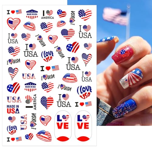 IDDFEVE 8 Sheets 4th of July Nail Stickers, Independence Day Patriotic Nail Decals, 3D Design Self-Adhesive USA Flag Star Nail Art