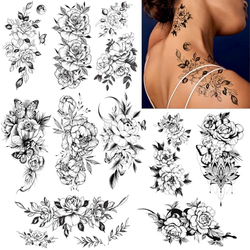 Black Flower Butterfly Temporary Tattoos for Women Girls, 10Sheets Large Waterproof Arm Adults Fake, Realistic That Look Real Last Long Tattoo Stickers Party Favors Supplies Gifts