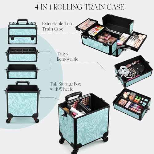 Rolling Makeup Case, 4 in 1 Makeup Case on Wheels, Professional Makeup Trolley, Cosmetic Train Case Makeup Cart Travel Trolley with Key for MUA, Hairstylists, Nail Tech, Turquoise Vitality