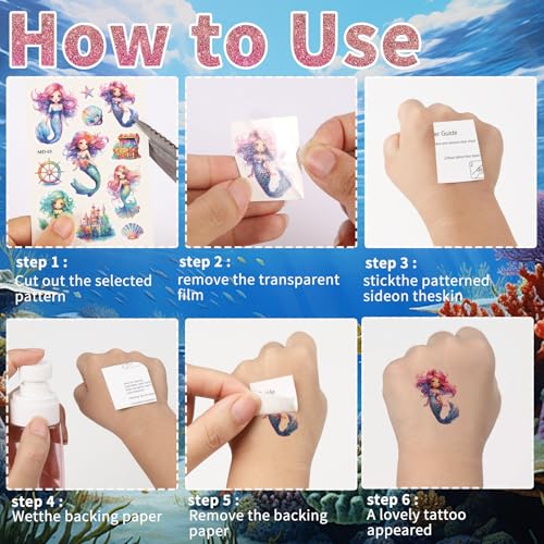 SUNAI Mermaid Temporary Tattoos - 145Pcs Glitter Styles, 12 Sheets