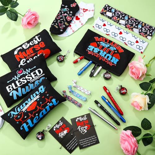 72 Pcs Nurses Gifts Bulk Nurses Week Appreciation Gift Women with Socks Makeup Bags Penlight Badge Reels Headband Bracelet Hair Rope for Employees Doctors Team Nursing Pharmacists Staff