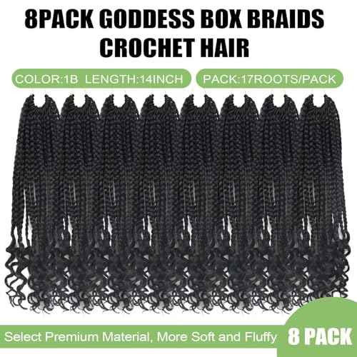 Goddess Box Braids Crochet Hair for Black Women 14 Inch Short Crochet Braids with Curly Ends Pre Looped 8 Packs Bohemian Style Goddess Box Braid Hair Extensions (1B)