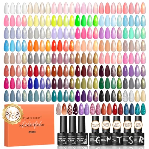 PEACECOLOR 60PC Gel Nail Polish Set - 55 Colors with Top & Base Coats