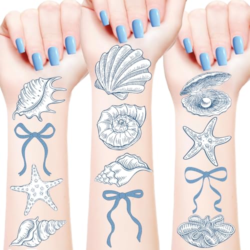 Blue Bow Starfish Seashell Temporary Tattoo Stickers - 12 Sheet Set