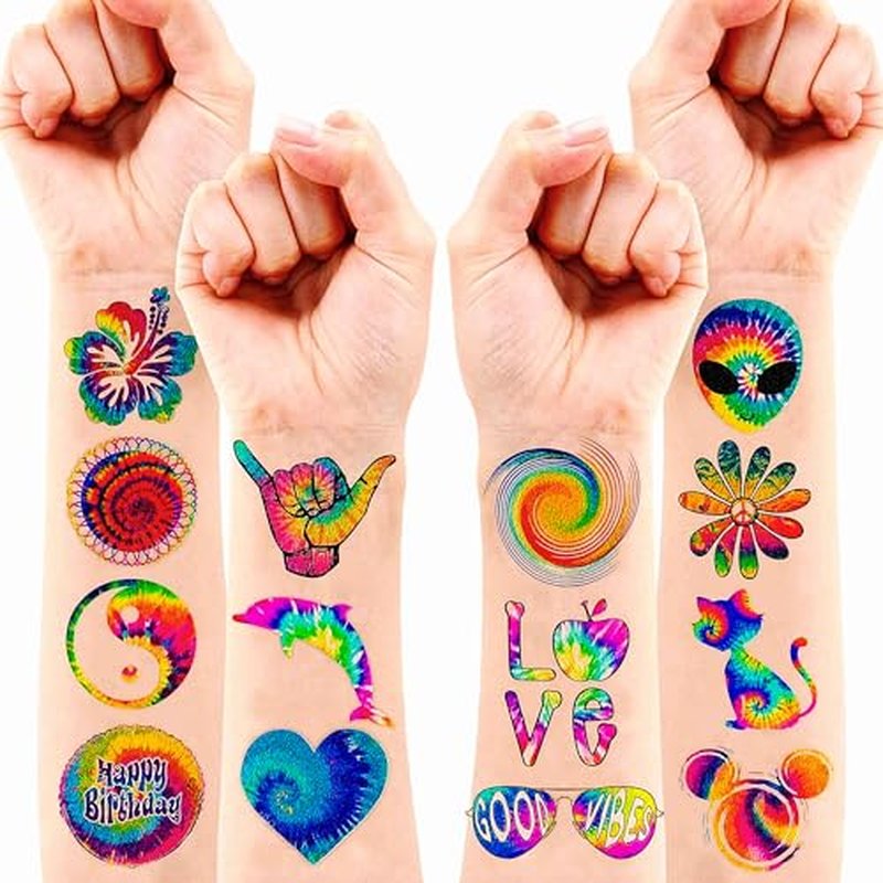Tie dye Temporary Tattoos 96PCS Valentines For Kids - Birthday Themed Party Supplies Decorations Favors 8 Sheets Colorful Decor Cute Stickers Tattoo for Class School Prizes Gift for Kids Boys & Girls