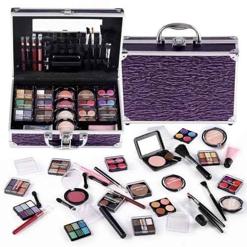 Makeup Kit for Teen Girls & Women Full Kit, Beauty Train Case with Starter Cosmetic Set, Make Up Christmas Gift Box with Eyeshadow,Lipgloss,Highlighter,Blush,Lip&Eye Pencils,Brush & More(Purple)