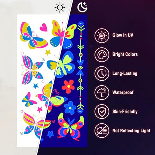 Glow in The Dark Temporary Tattoos - 20 Sheets, 160+ UV Neon Designs