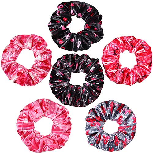 6 Pieces Breast Cancer Awareness Hair Scrunchies Velvet Hair Tie Scrunchy Pink Ribbon Elastic Hair Bands Ropes Ponytail Holders Hair Accessories for Women Girls (Charming Pattern)