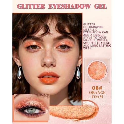 Sparkle Single Eyeshadow Cream, Orange Mousse Glitter Highly Pigmented Eye Shadow, Long-Lasting Blendable Shimmer Eyeshadow, Lightweight Eye Shadow Makeup Palette Christmas Party Gift for Women-08