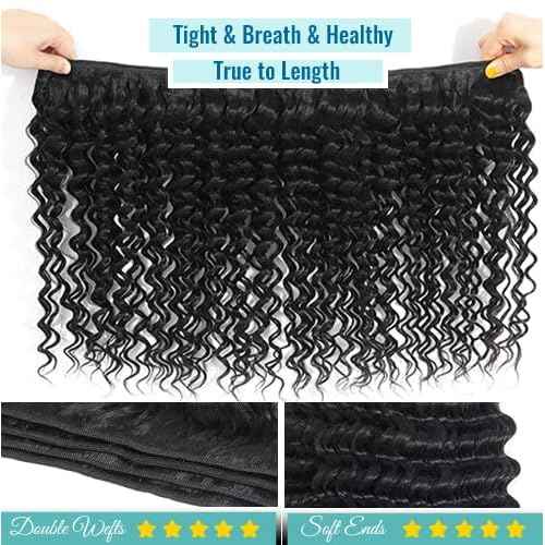 12A Bundles Deep Wave Human Hair - 3 Pack Deep Wave Double Strong Weft Hair Bundle 100% Unprocessed Brazilian Deep Curly bundles Wet And Wavy Real Human Hair For Women(24 26 28 Inch)