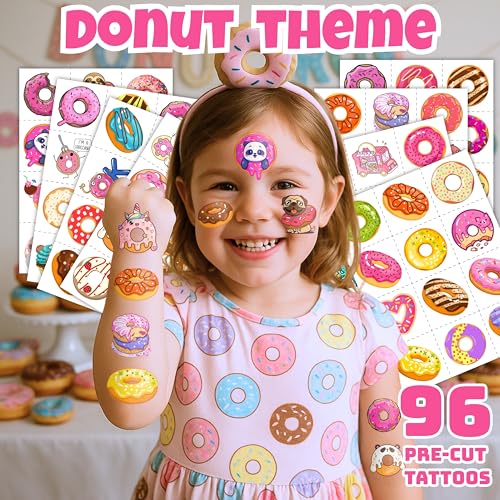 96PCS Donut Pre-Cut Temporary Tattoos for Kids - Cute Birthday Party Decorations, Stickers for Girls & Boys, Fun Party Favors, Classroom Prizes, Christmas Gifts, Themed Party Supplies