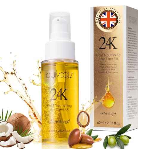 24K Gold Hair Oil Made in the UK ? Repair & Shine Serum with Coconut, Argan & Olive Oils ? Vegan Heat Protectant, Frizz Control for Dry, Damaged Hair (2.02 Fl Oz (Pack of 1))