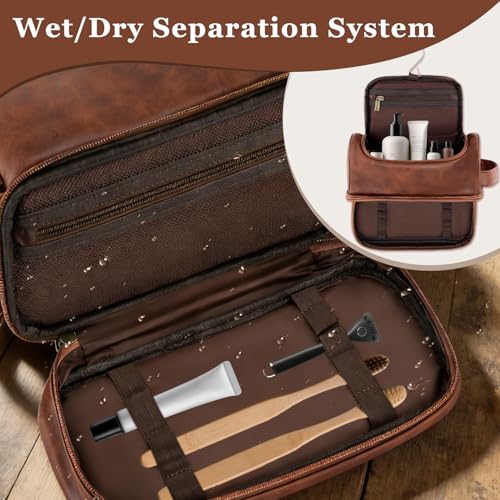 Personalized Hanging Travel Toiletry Bag for Men, Laser-Engraved Monogrammed Initial Shaving Bag for Toiletries Valentines Anniversary Cool Gifts for Men Husband Boyfriend Reddish Brown T