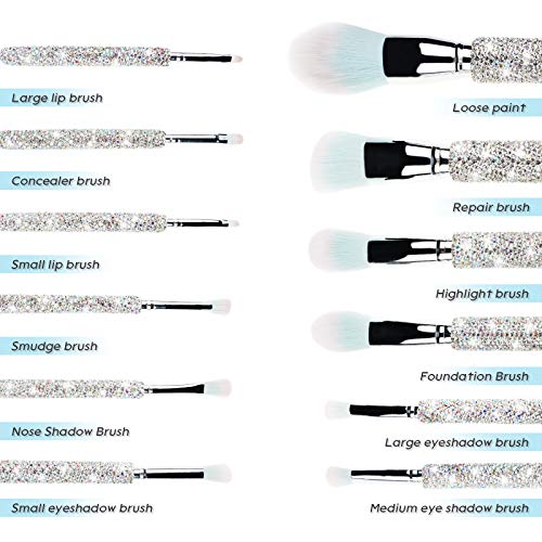 Makeup Brushes Bling Crystal Professional Face Cosmetics Blending Liquid Foundation Powder Concealer Eye Shadows Make Up Beauty Tool Glitter(12PCS) (Purely Handmade) (White)