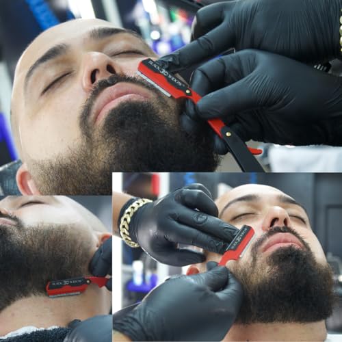 Black Widow Professional Barber Straight Edge Razor ? Stainless Steel Shavette, 1.5 mm Blade Exposure, Matte Black & Red, 10 Double Edge Blades (20 Single-Edge) for Lineups & Beard Shaping