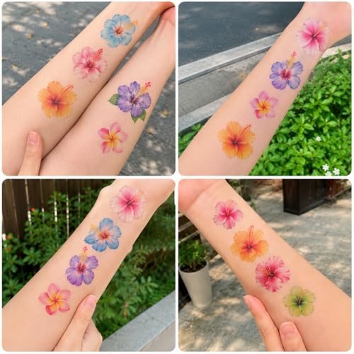 96 Tropical Flower Temporary Tattoos - Hibiscus Hawaiian Party Favors