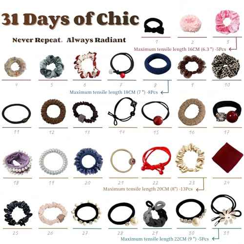Curated 31pc Fancy Hair Ties for Women & Teens - Decorative Scrunchies, Pretty Ponytail Holders, Boutique Gift Box Set