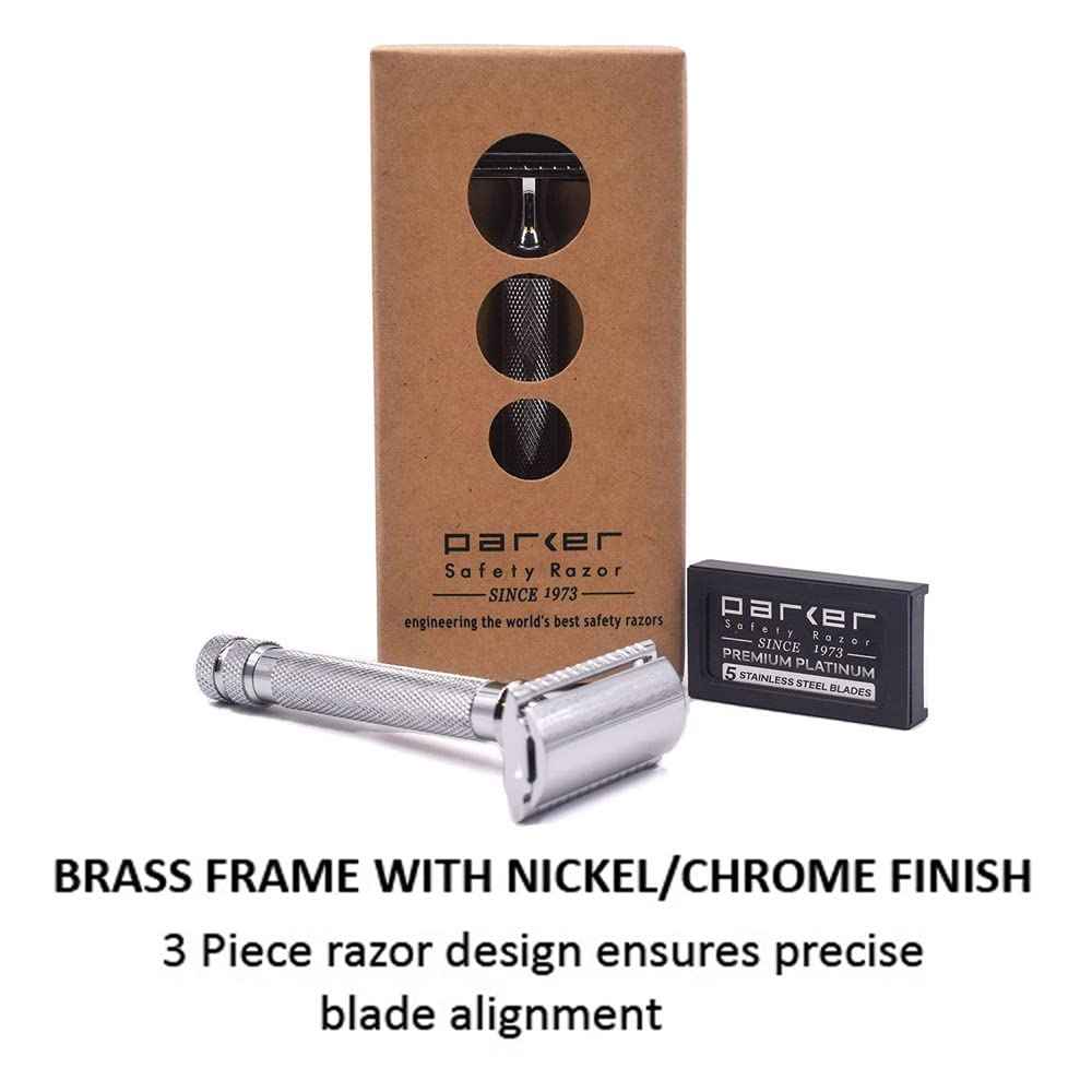Parker 91R Heavyweight Long Handle Safety Razor – Classic 3-Piece Double Edge Razor for Smooth, Close Shaves – Brass Frame with Textured Chrome Finish – Compatible with All DE Razor Blades