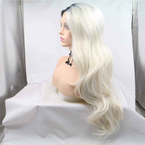 xiweiya Long Wavy Ombre Platinum Blonde with Brown Roots Synthetic Lace Front Wigs For Black Women Blonde Hair Heat Resistant Fiber Half Hand Tied 24Inch…